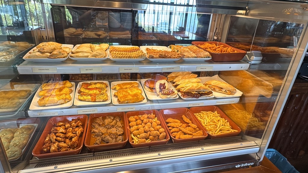 Hot counter with pasties, wraps, chicken and fries