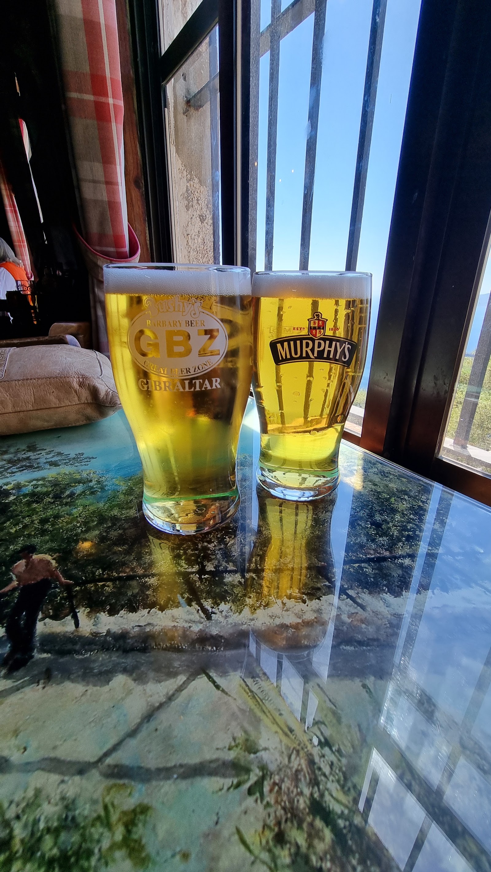 Two pints of beer with the Strait view through the window